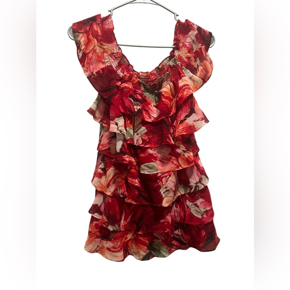 White House Black Market layered ruffle tank blouse floral off shoulder top red